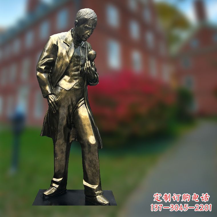 广西爱迪生与灯泡-玻璃钢仿铜校园名人全身雕塑