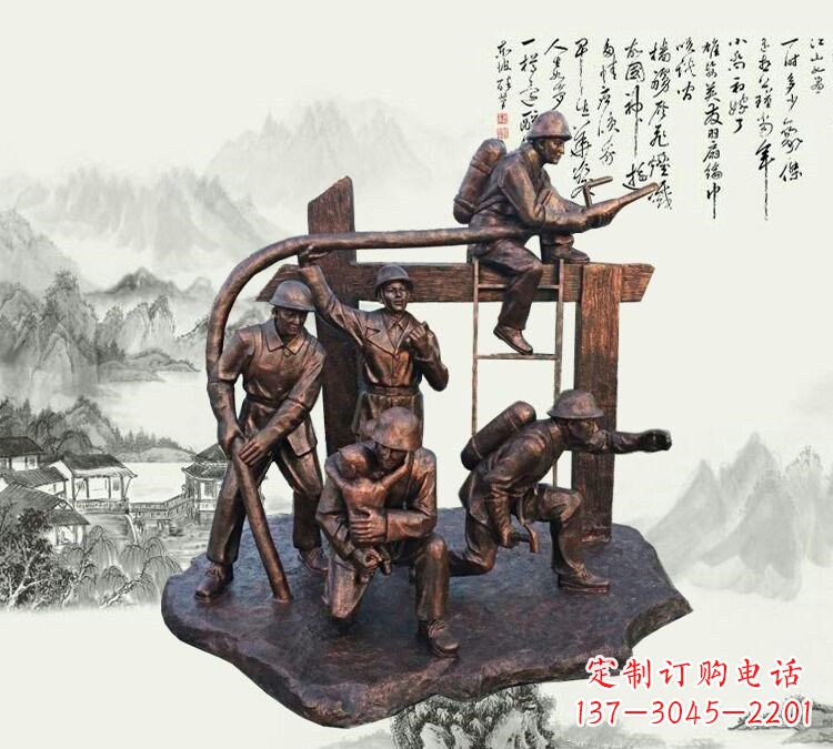 广西玻璃钢仿铜消防员雕塑传承英雄豪情