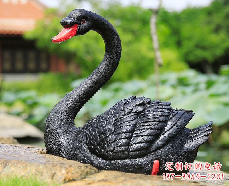 广西玻璃钢雕刻的黑色天鹅——美丽宁静的公园园林摆件