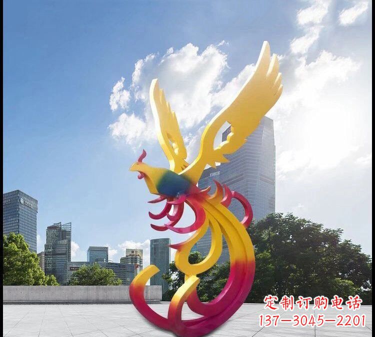 广西绚丽多彩的不锈钢凤凰雕塑