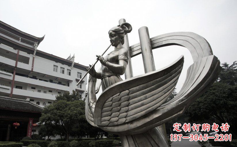 广西古典美女不锈钢吹笛子雕塑