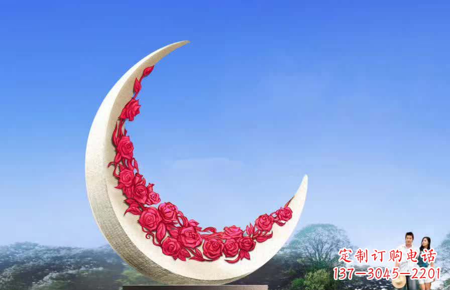 广西不锈钢广场月亮雕塑月光下的璀璨美景