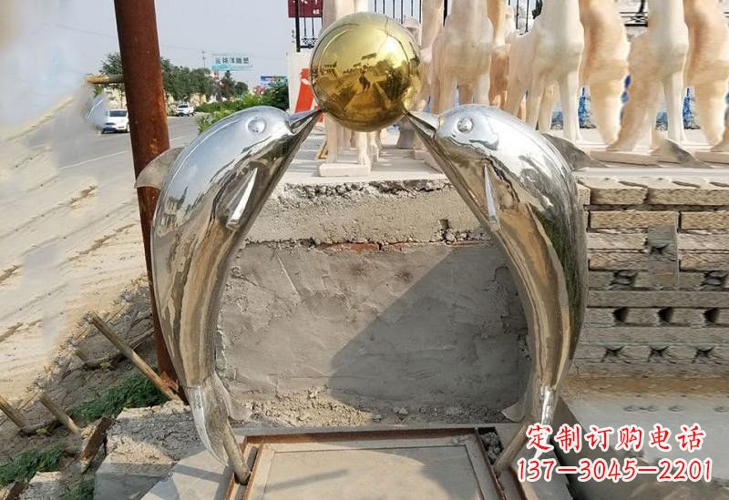 广西不锈钢海豚顶球雕塑