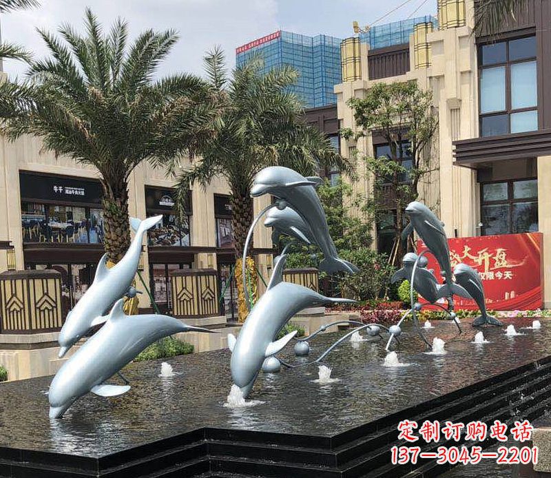 广西不锈钢海豚跳跃喷泉雕塑美丽的艺术装置