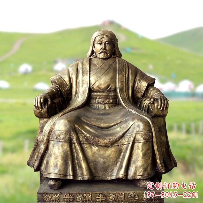 广西成吉思汗玻璃钢雕塑-仿铜坐姿铁木真雕像