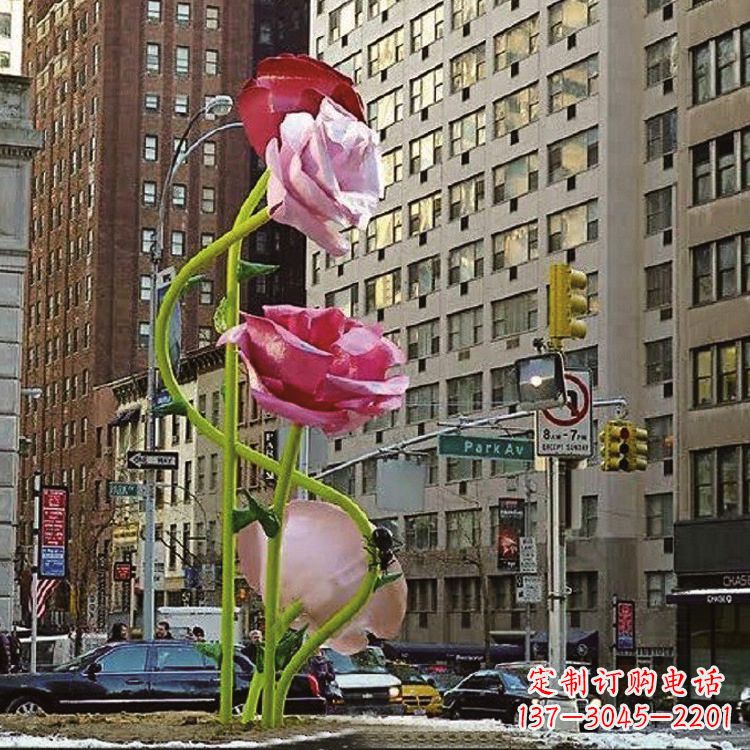 广西城市街道玻璃钢玫瑰花景观花朵雕塑