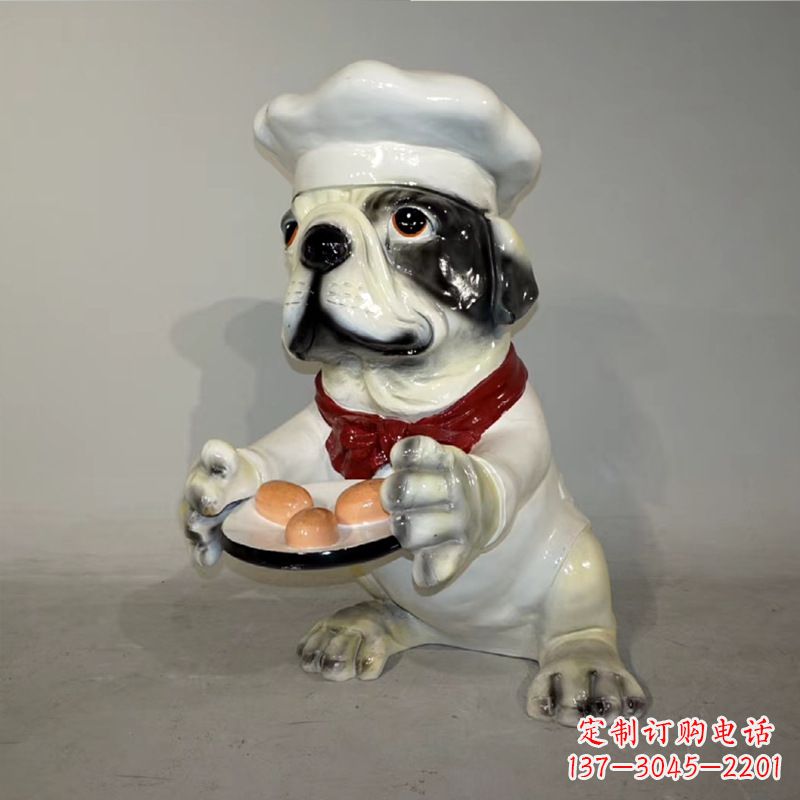 广西厨师造型斗牛犬,玻璃钢仿陶瓷狗雕塑