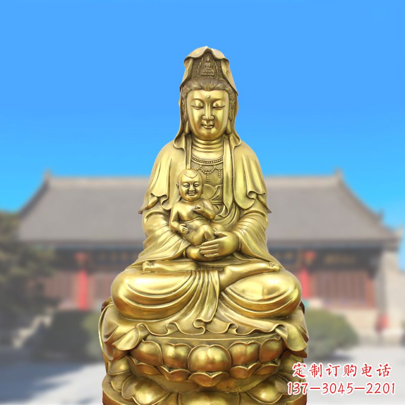 广西纯铜观音坐姿鎏金铜雕