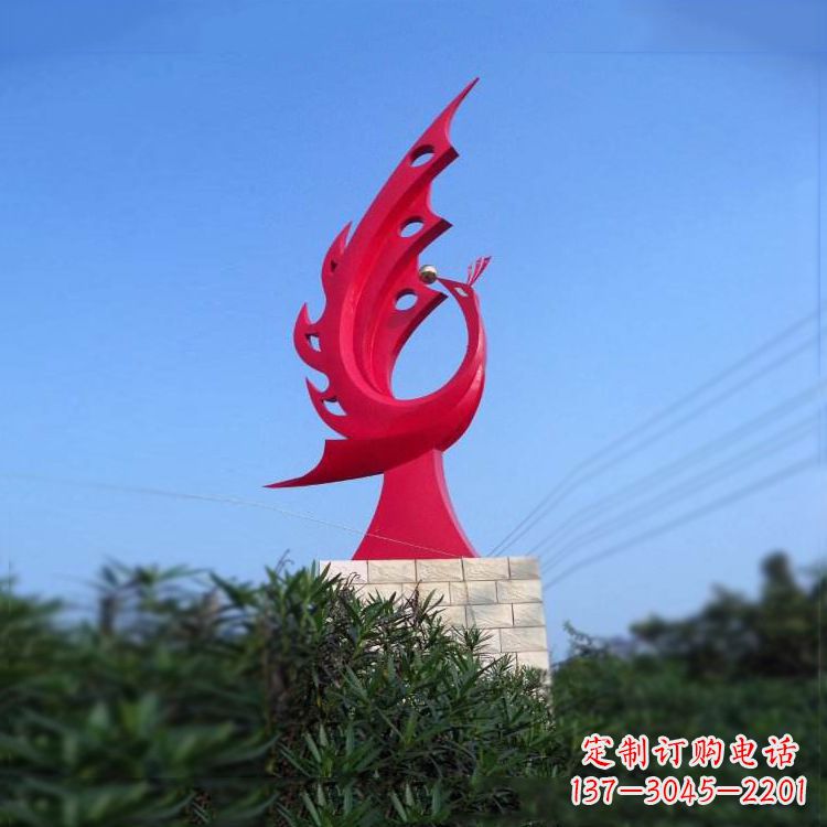 广西大象红色凤凰不锈钢雕塑-城市动物标识景观雕塑
