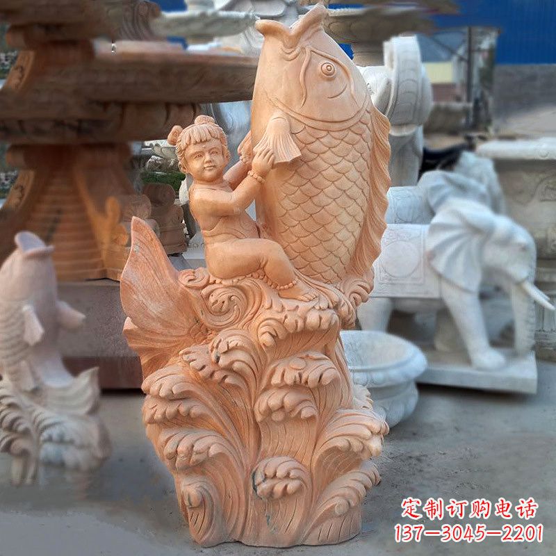 广西大型喷水鲤鱼景观雕塑-晚霞红石雕动物喷泉