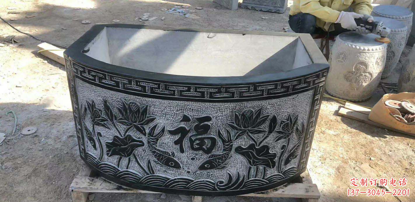 广西方口石浮雕水缸