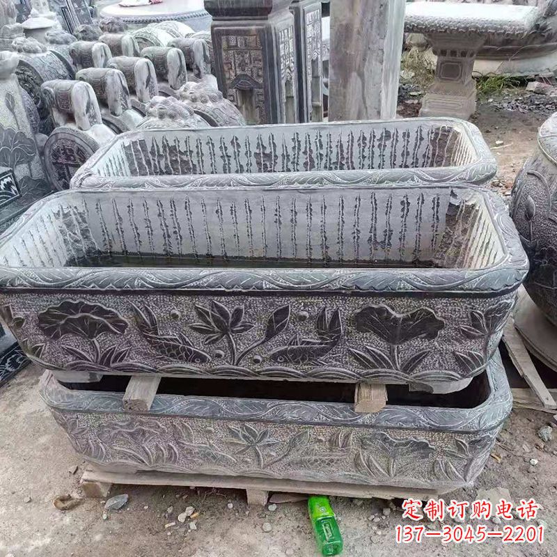 广西方形石槽雕塑,打造完美家庭养鱼石缸