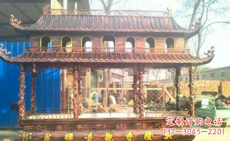 广西方形寺庙香炉铜雕_1