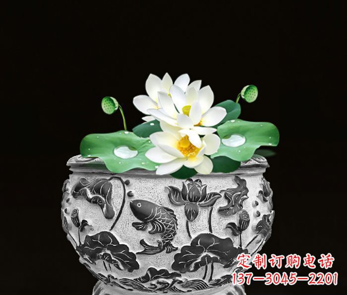 广西仿古荷花鲤鱼雕塑石水缸