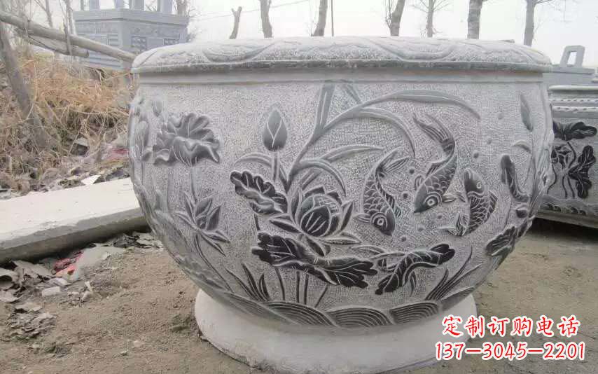 广西仿古雕刻鲤鱼石浮雕水缸