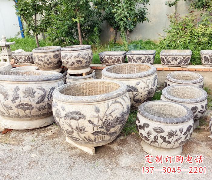 广西仿古石雕鲤鱼浮雕水缸