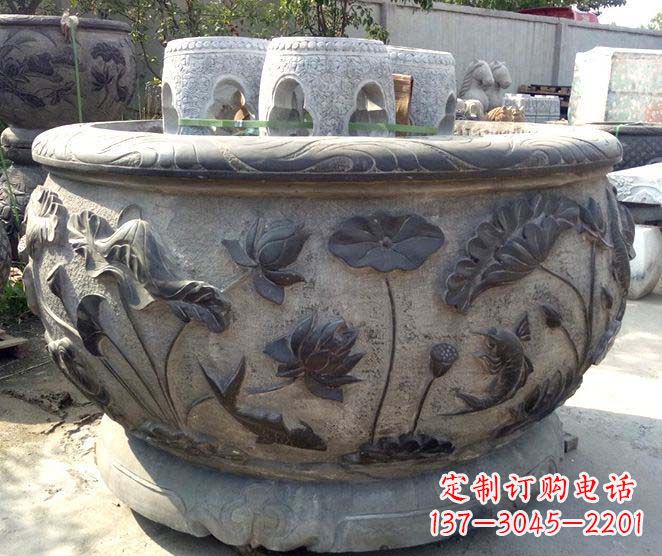 广西精美仿古荷花鲤鱼浮雕石水缸