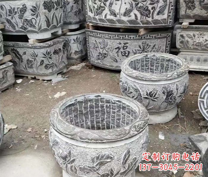 广西仿古荷花石浮雕水缸塑像