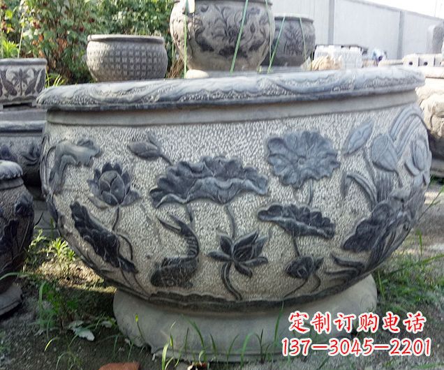 广西中领雕塑仿古荷花石浮雕水缸