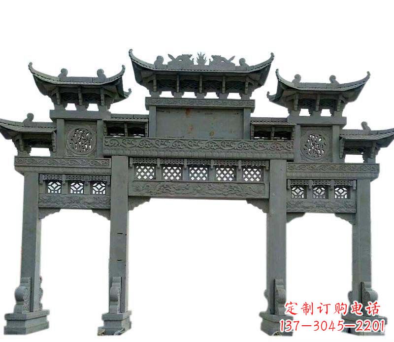 广西仿古三门大理石牌坊石雕