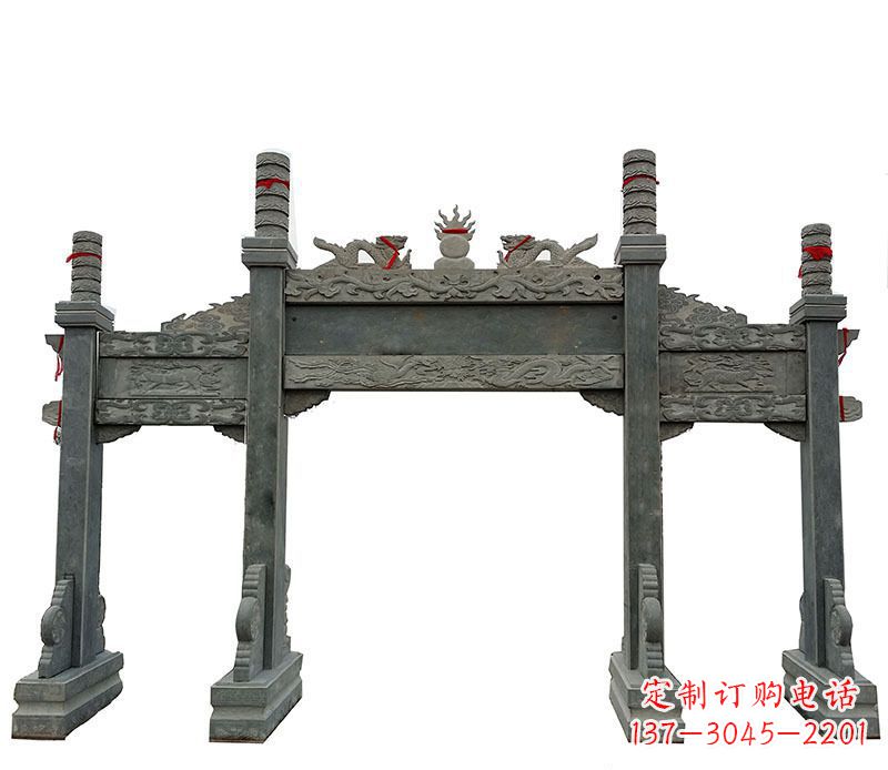广西仿古三门大理石牌坊石雕 (2)