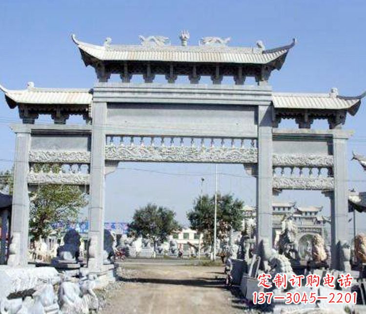 广西仿古三门牌坊石雕 (9)