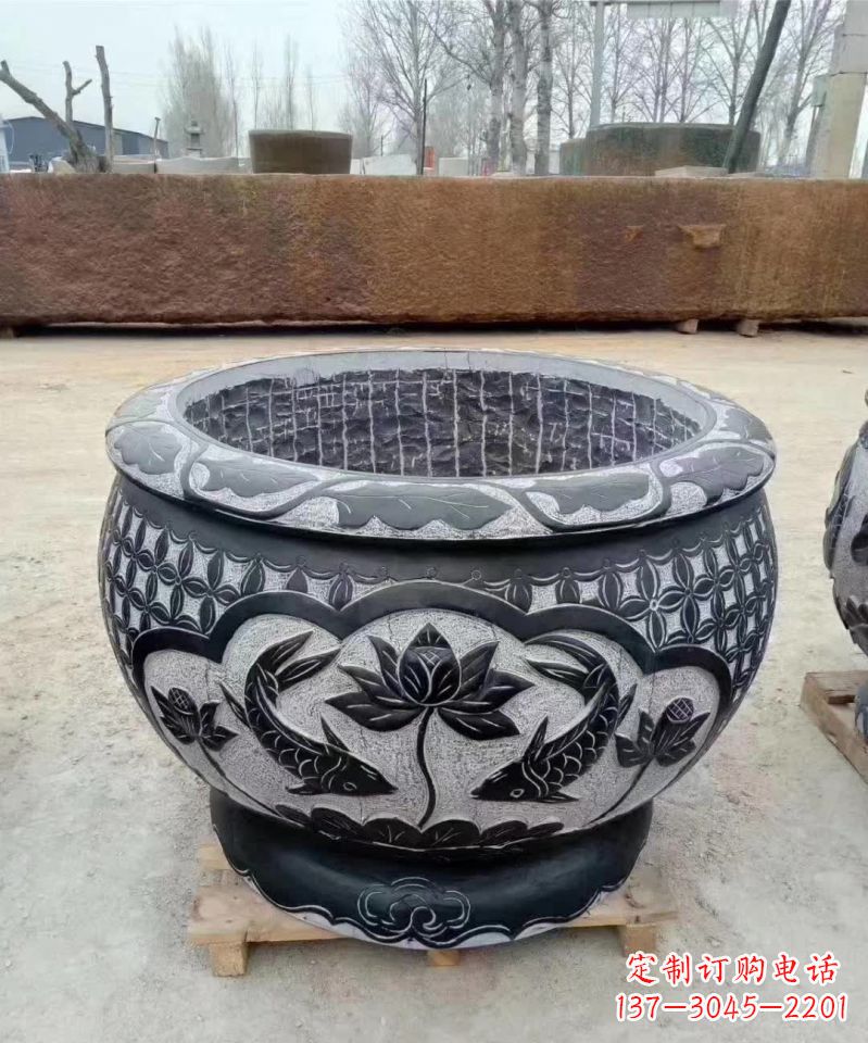 广西仿古石雕荷花鲤鱼水缸