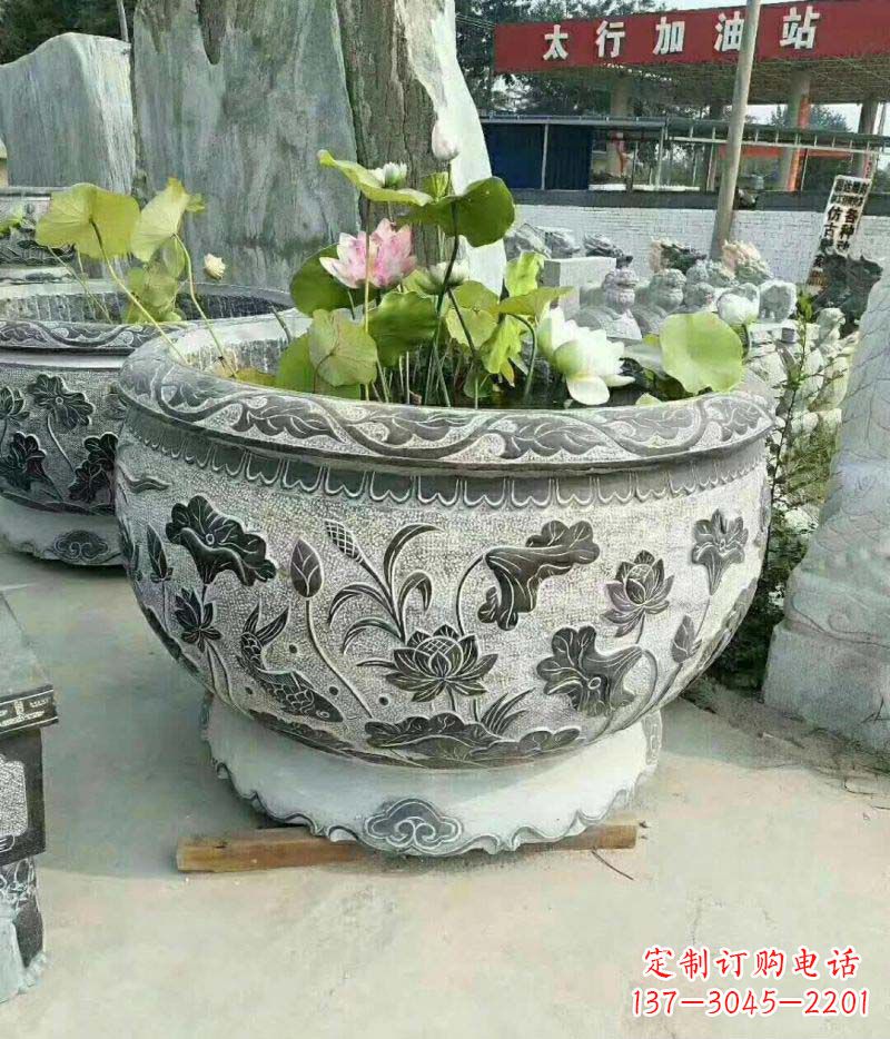 广西仿古石雕荷花水缸