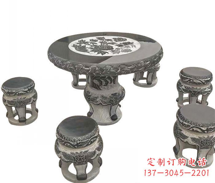 广西仿古圆形石桌凳雕塑