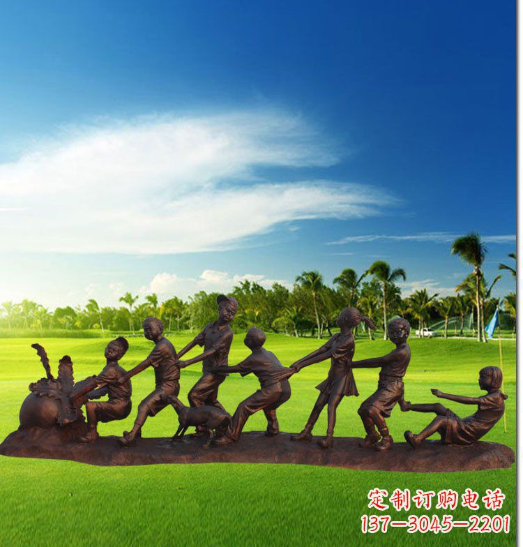 广西公园拔萝卜儿童玻璃钢仿铜雕塑