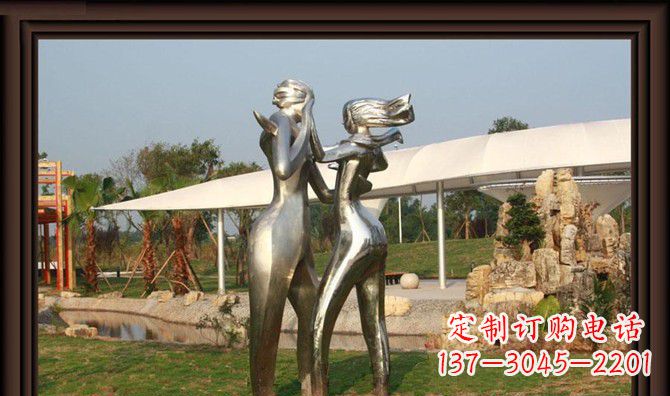 广西一对动感传情的不锈钢跳舞情侣雕塑