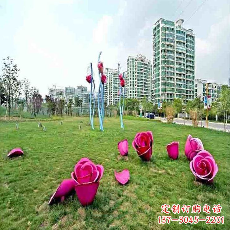 广西公园草坪不锈钢玫瑰装饰花朵雕塑