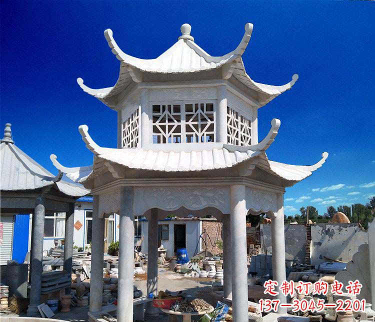 广西公园大理石六角石雕双层凉亭