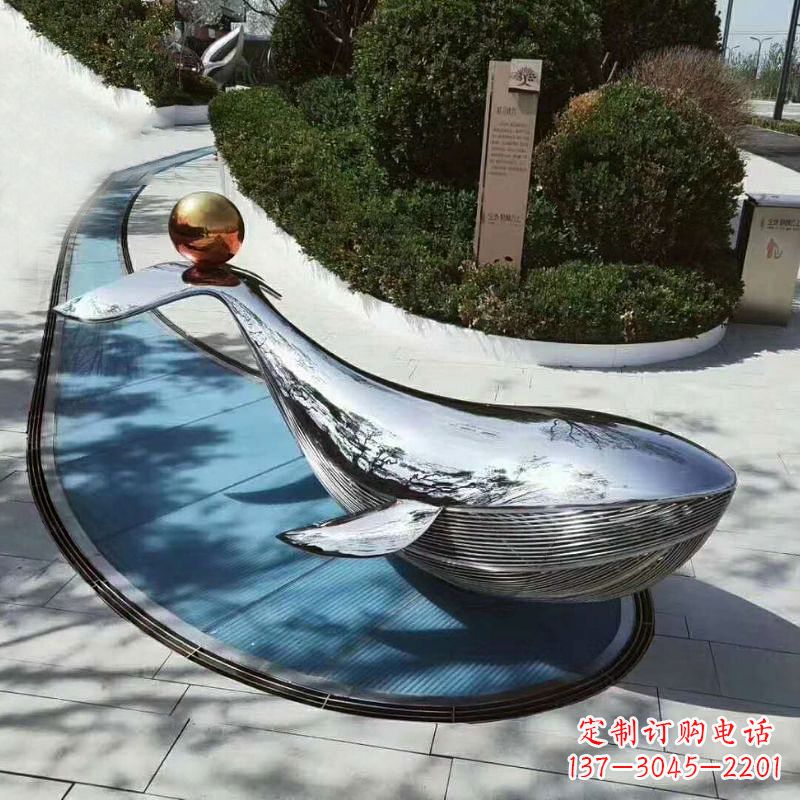 广西大型不锈钢镜面鲸鱼景观雕塑摆件