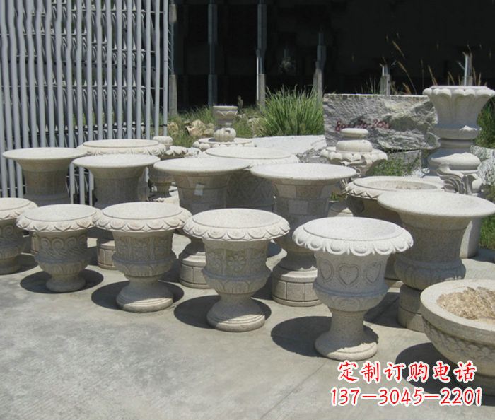 广西大理石花盆石雕艺术品
