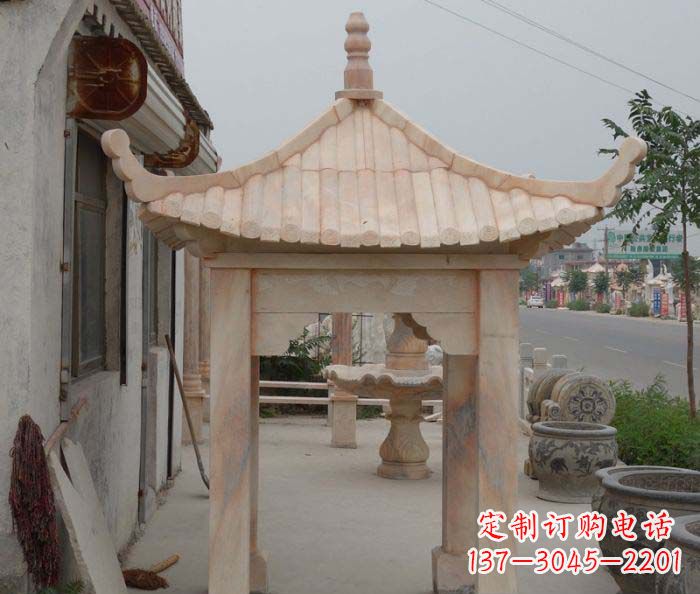广西精美红六角石凉亭雕塑