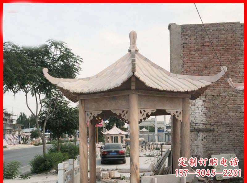 广西公园晚霞红六角石凉亭雕塑