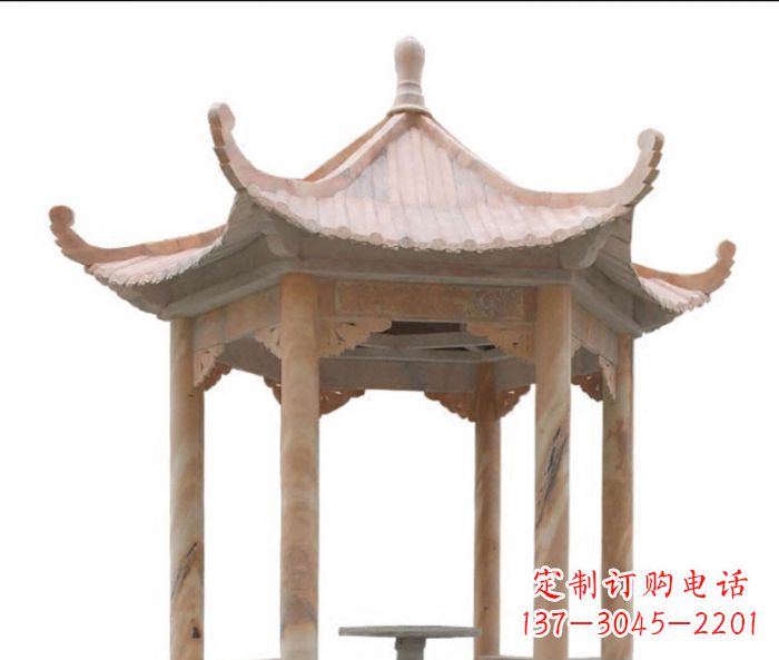广西美丽而优雅的公园晚霞红六角石凉亭雕塑
