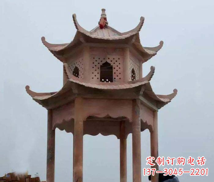 广西公园晚霞红双层六角石雕凉亭