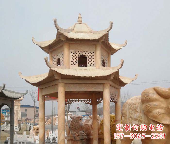 广西红双层六角石凉亭雕塑