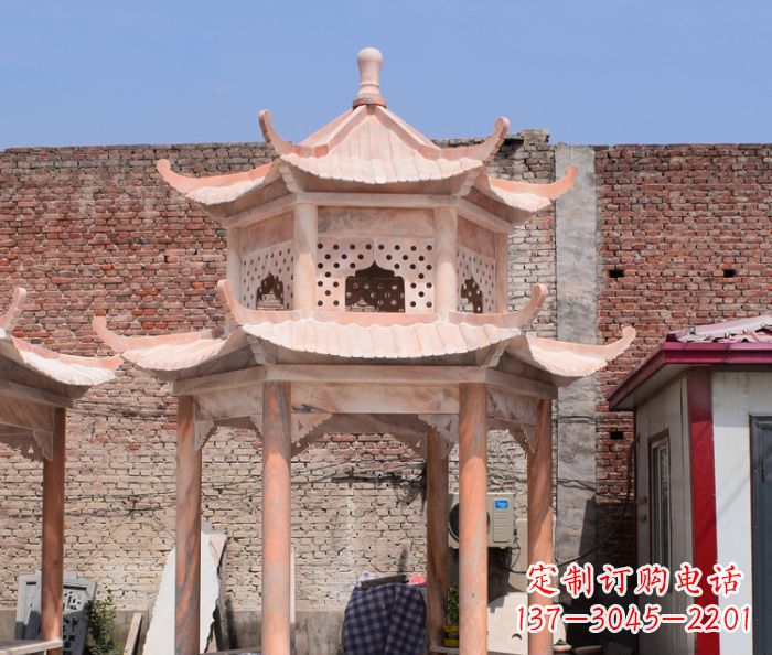 广西公园晚霞红中式六角双层石雕凉亭