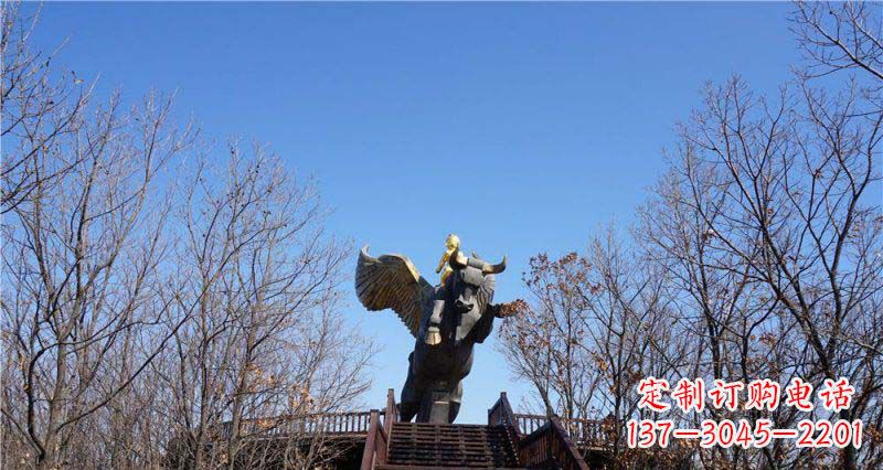 广西精美铜雕雕塑——可爱小男孩站在飞牛上