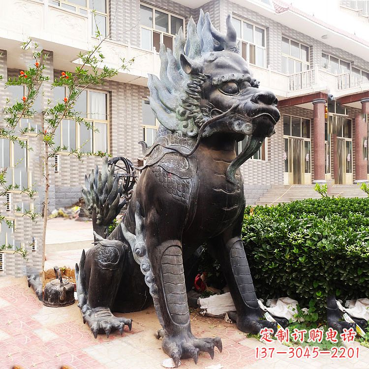 广西古铜色镇宅铜麒麟雕塑,精美绝伦!