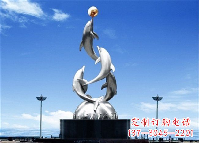 广西广场不锈钢海豚欢腾动物雕塑