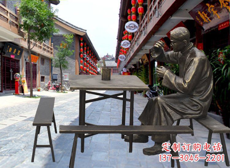 广西享受下午茶时光的店小二喝茶雕塑