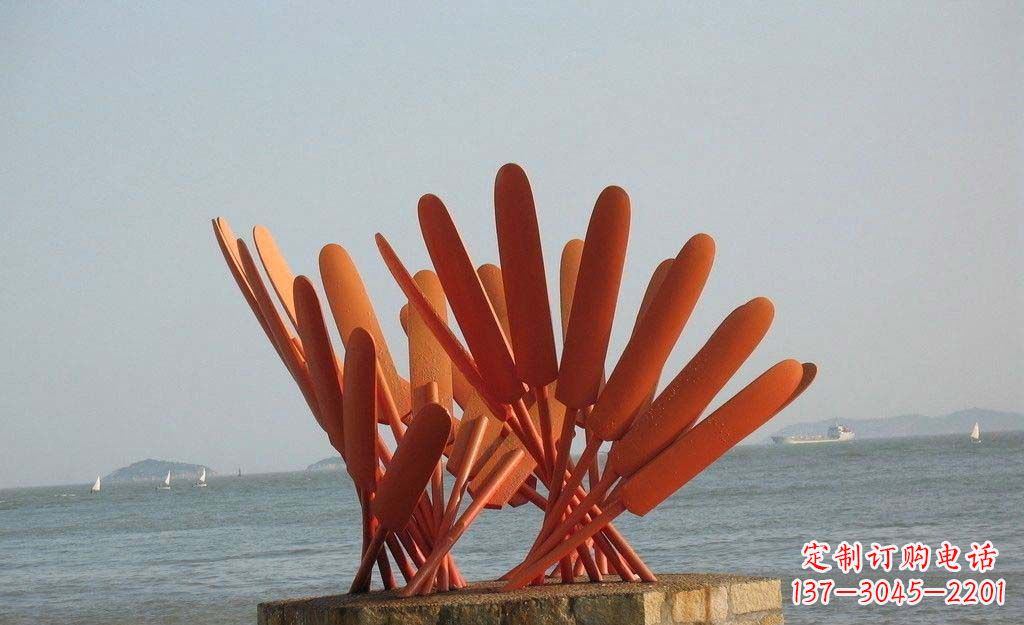 广西卓越海边,不锈钢抽象船桨雕塑