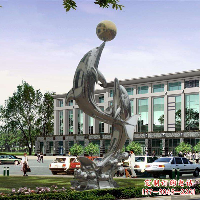 广西不锈钢海豚戏球雕塑,营造清新海岸风情