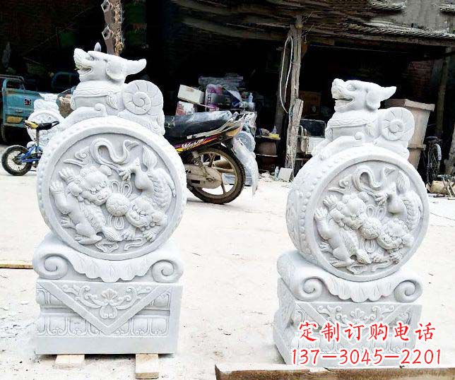广西汉白玉抱鼓石招财石门墩石雕