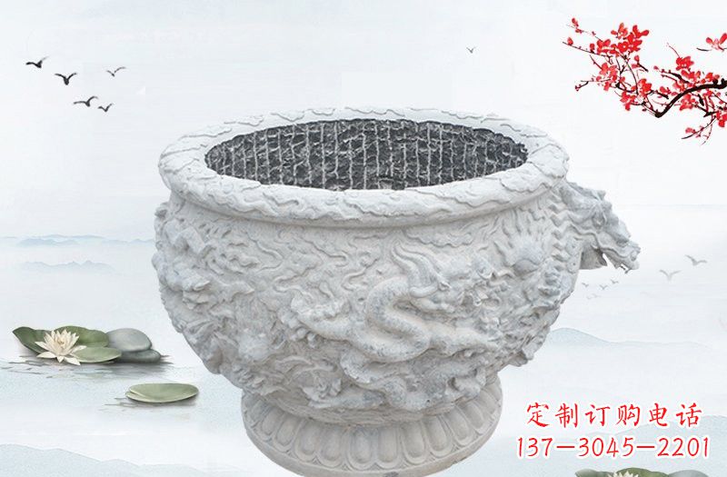 广西汉白玉龙浮雕水缸,传承传统经典