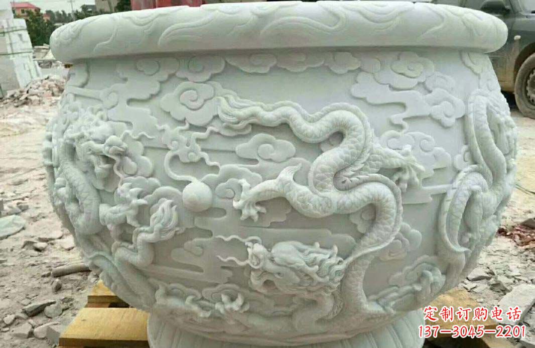 广西汉白玉龙浮雕水缸雕塑